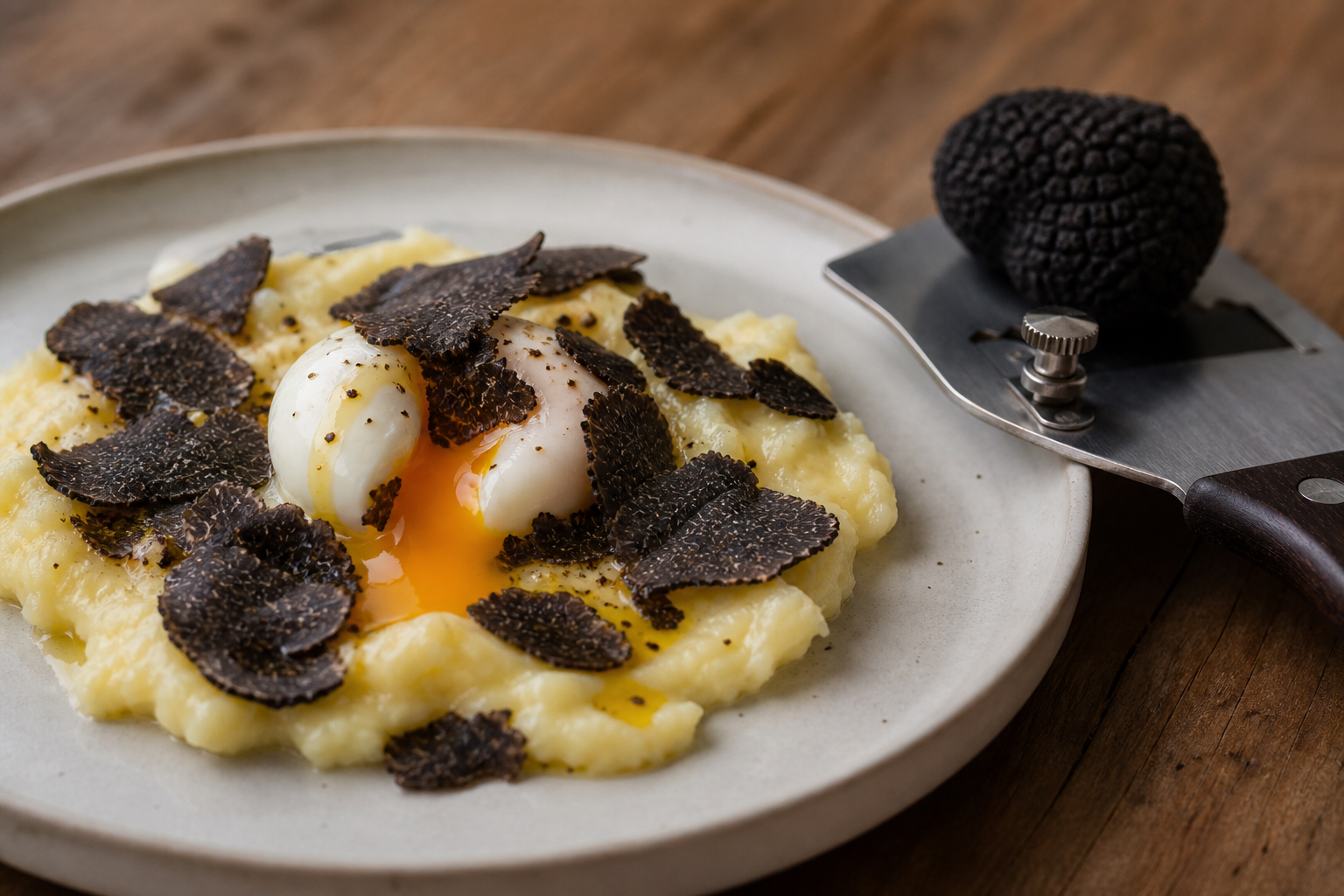 Huevo con puré de patata y trufa negra laminada