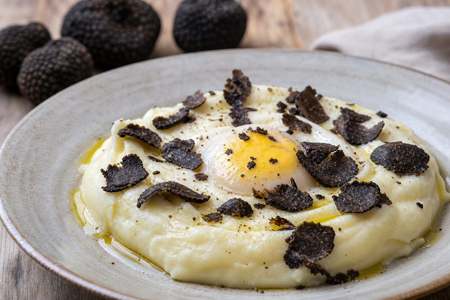 Puré con huevo y láminas de trufa negra