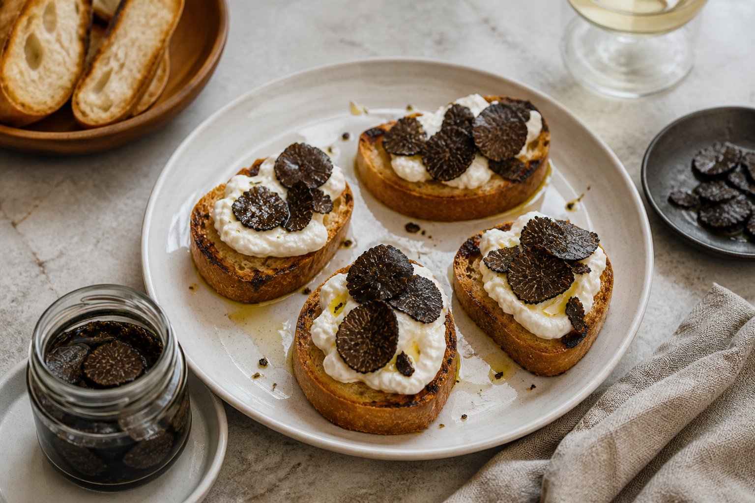 Aperitivo de tostadas con crema suave y carpaccio de trufa negra