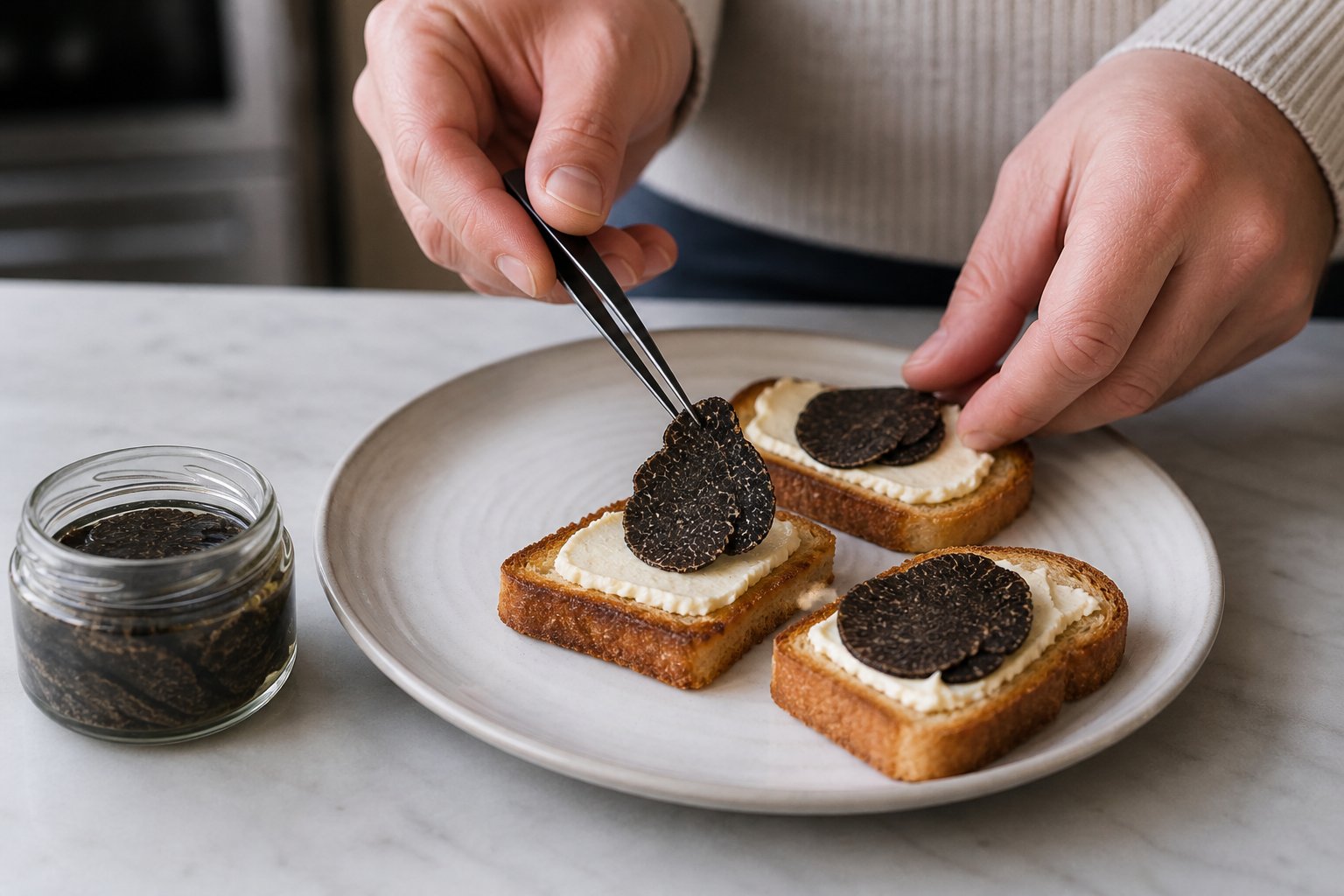Montaje final de una tostada con carpaccio de trufa negra